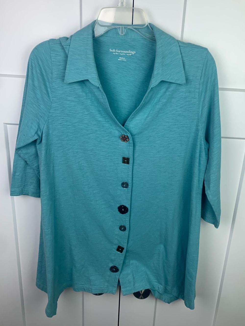 Soft Surroundings Danielle Button Top Tunic MEDIUM Blue Art To Wear Teacher Boho